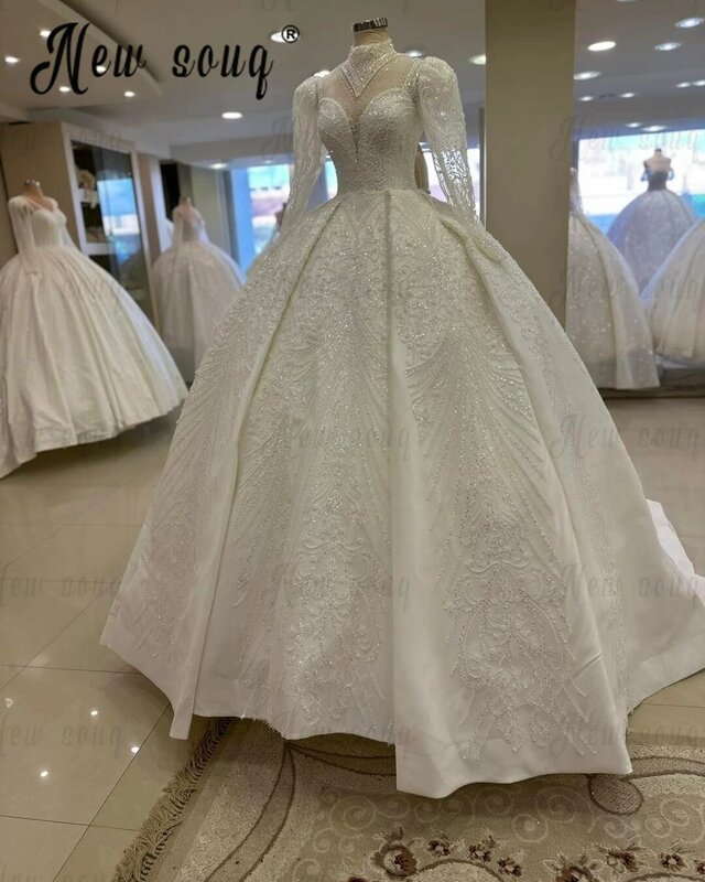 Vestido de novia de satén con Apliques de encaje de lujo, faja con cuentas, tren de corte, Duabi vestido de novia, corsé trasero, 2024