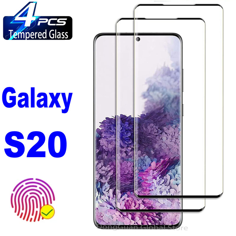 Vidro temperado para Samsung Galaxy S20 5G, Filme protetor de tela curvo de impressão digital, 1 pc, 4pcs