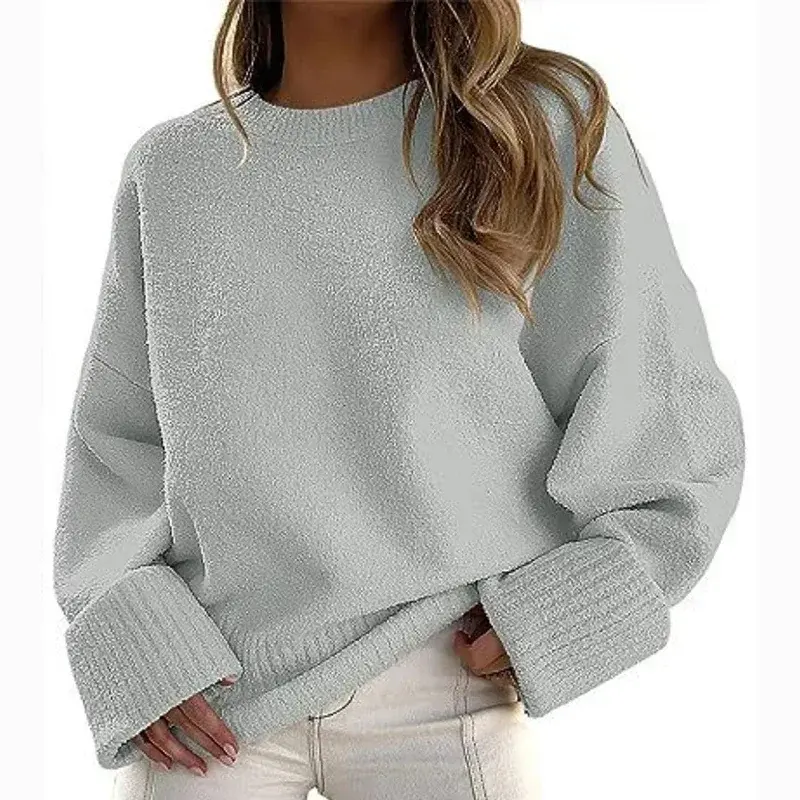 Pakaian rajut hangat lembut kasual baju wanita musim dingin sweter pullover leher bulat mode musim gugur Sweater rajut longgar Jumper 29762