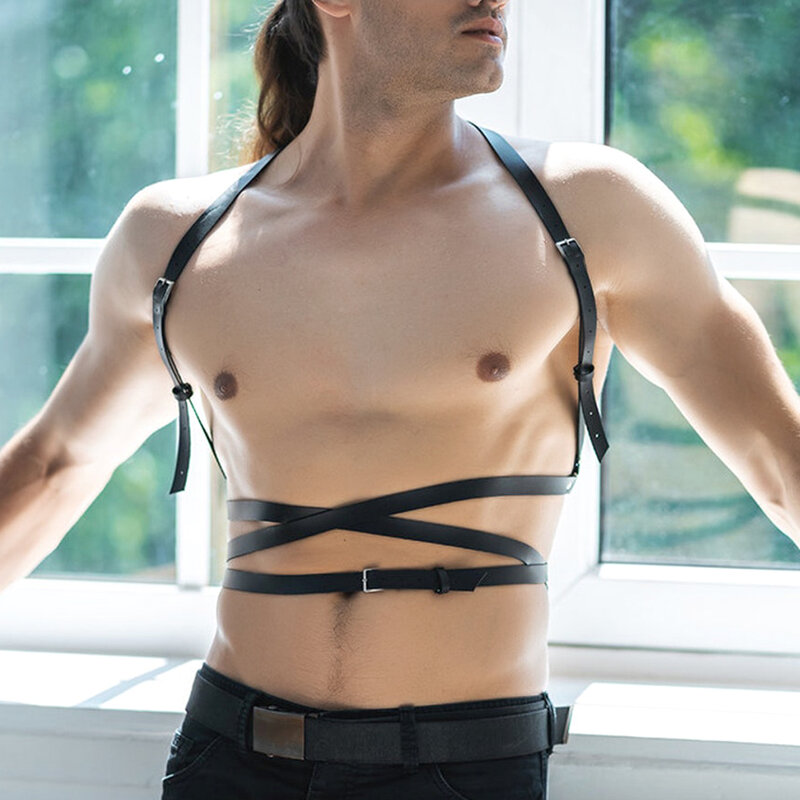 Lingerie kulit pria harnes dada seksual dapat disesuaikan pakaian Gay Rave BDSM Fetish sabuk Harness seluruh tubuh tali untuk seks