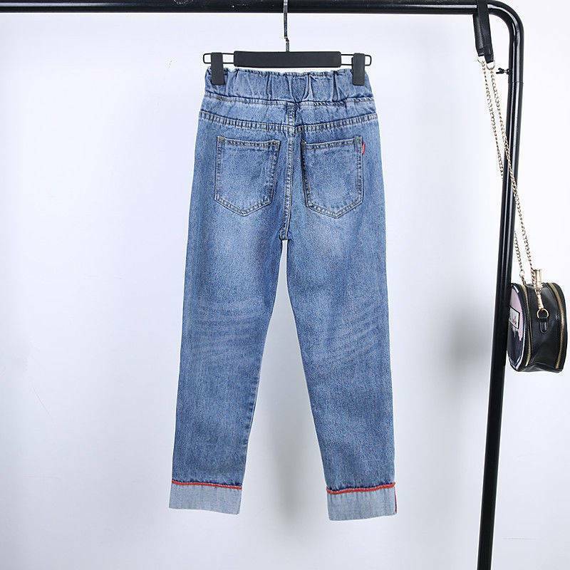 Calça jeans feminina solta de cintura alta com elástico na cintura, Harlan Jeans, calça jeans feminina casual, streetwear de verão, edição coreana