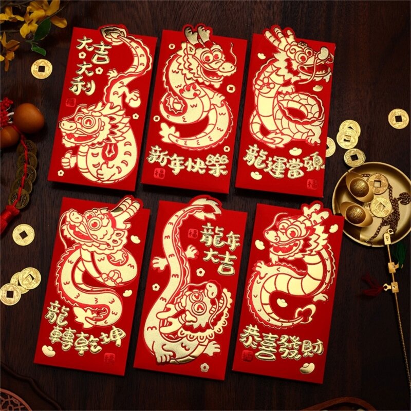 Envelopes vermelhos estilo chinês 6 peças, saco dinheiro decorativo para festividades especiais bolsa tradicional/sorte hong