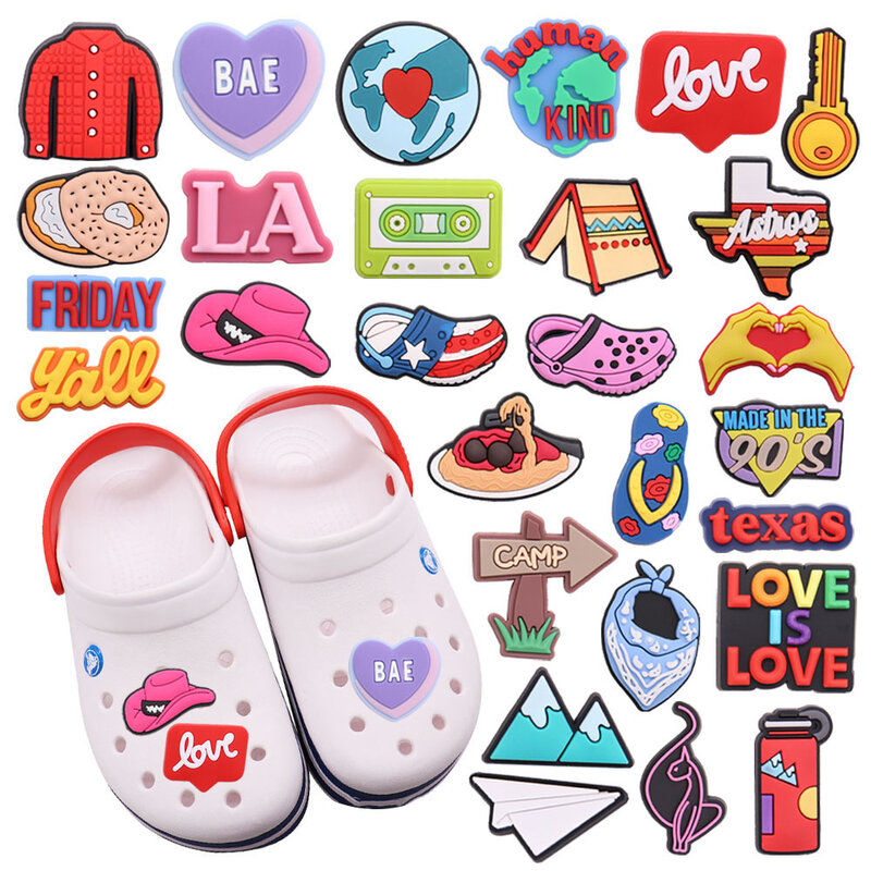 PVC Charms for Kids, Human Kind, Texas Sexta-feira, Camp Sandals, Shoes Buckle, Acessórios, Holiday Gifts, 1Pc