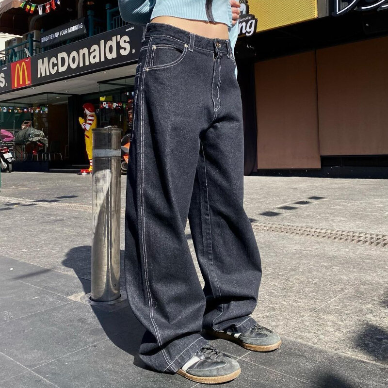 Джинсы HOUZHOU Y2k мешковатые женские, винтажные брюки из денима оверсайз с карманами и вышивкой, повседневные свободные широкие джинсы в Корейском стиле
