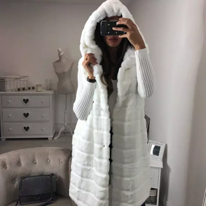 Chaleco de piel Artificial para mujer, chaleco largo con capucha de imitación de piel de conejo, moda informal, Otoño e Invierno