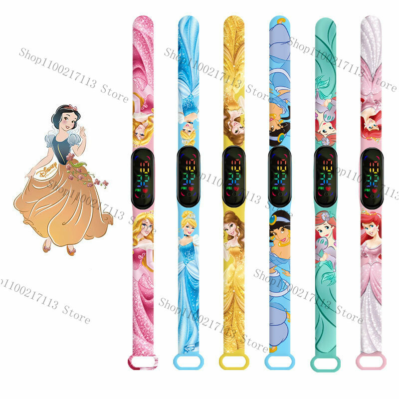 Disney śnieżka zegarki dla dzieci anime rysunek kopciuszek Belle księżniczka LED dotykowy wodoodporny elektroniczny zegarek dla dzieci prezenty