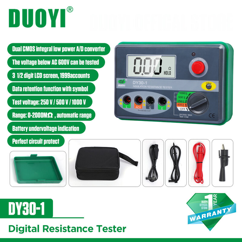 DUOYI DY30-1 Tester rezystancji izolacji 250V/500V/1000V megometr samochodowy Tester oporności Tester rezystancji uziemienia 2000MΩ