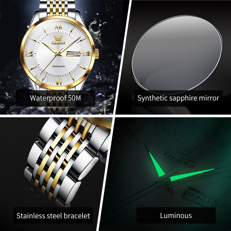 OLEVS Top luksusowy MIYOTA automatyczny zegarek mechaniczny męski moda szafirowe zegarki męskie kalendarz biznesowy zegar reloj hombre