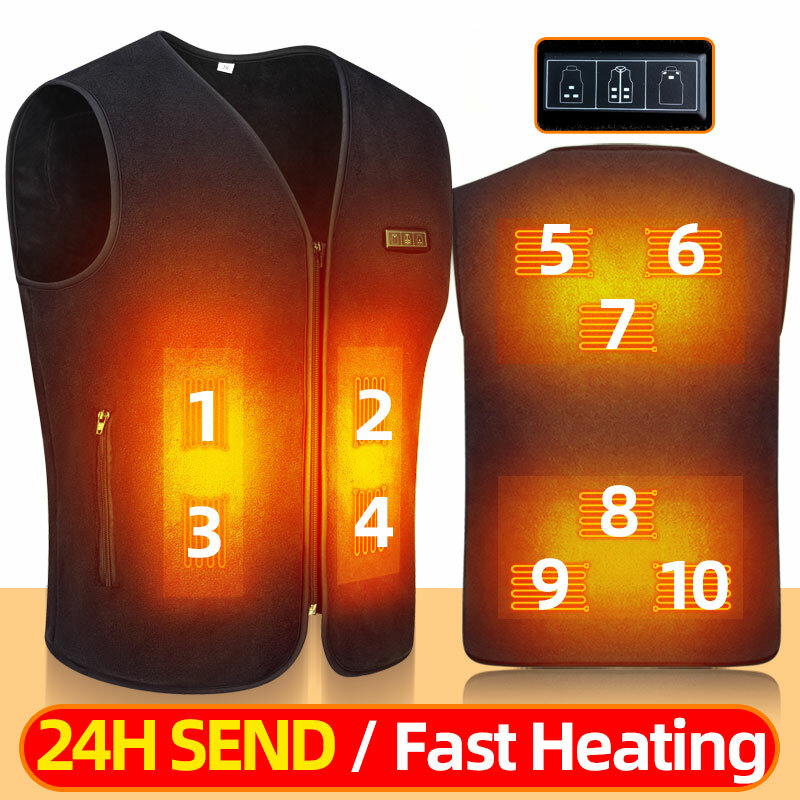 Colete elétrico auto-aquecido para homens e mulheres, 10 áreas, USB, Colete de aquecimento, Jaqueta aquecida, Lavável, Roupa aquecida térmica