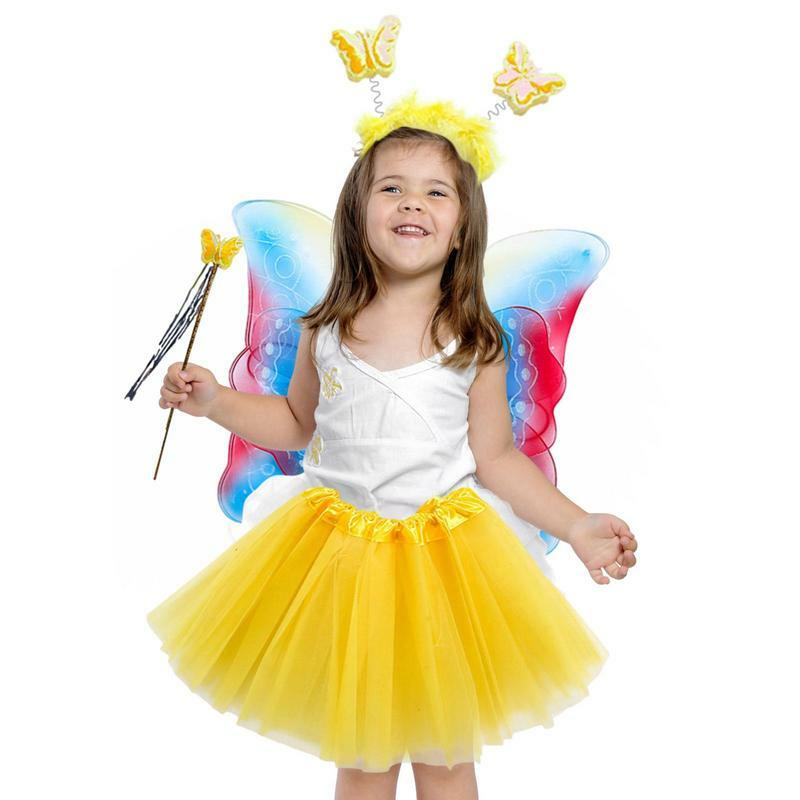 Изысканный комплект одежды для вечеринки для девочек с крыльями, костюм феи, комплект с юбкой в виде бабочки и крыльев, палочка и головной убор для дня рождения