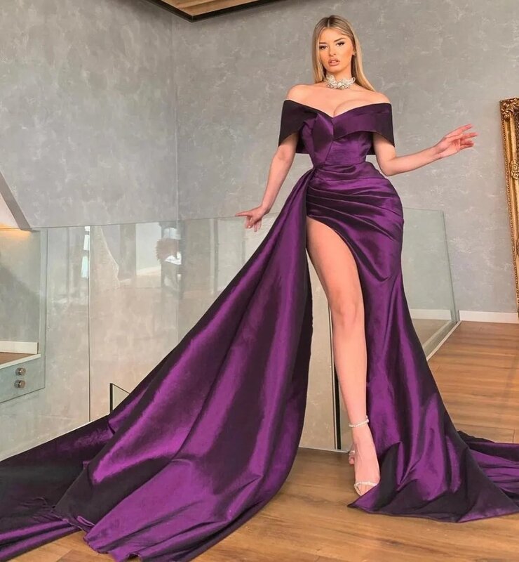 Gaun Prom ungu baru 2024 gaun pesta pernikahan model Mermaid Satin polos bahu terbuka kerah v gaun pesta pernikahan belahan samping seksi Vestidos Panjang menyentuh lantai