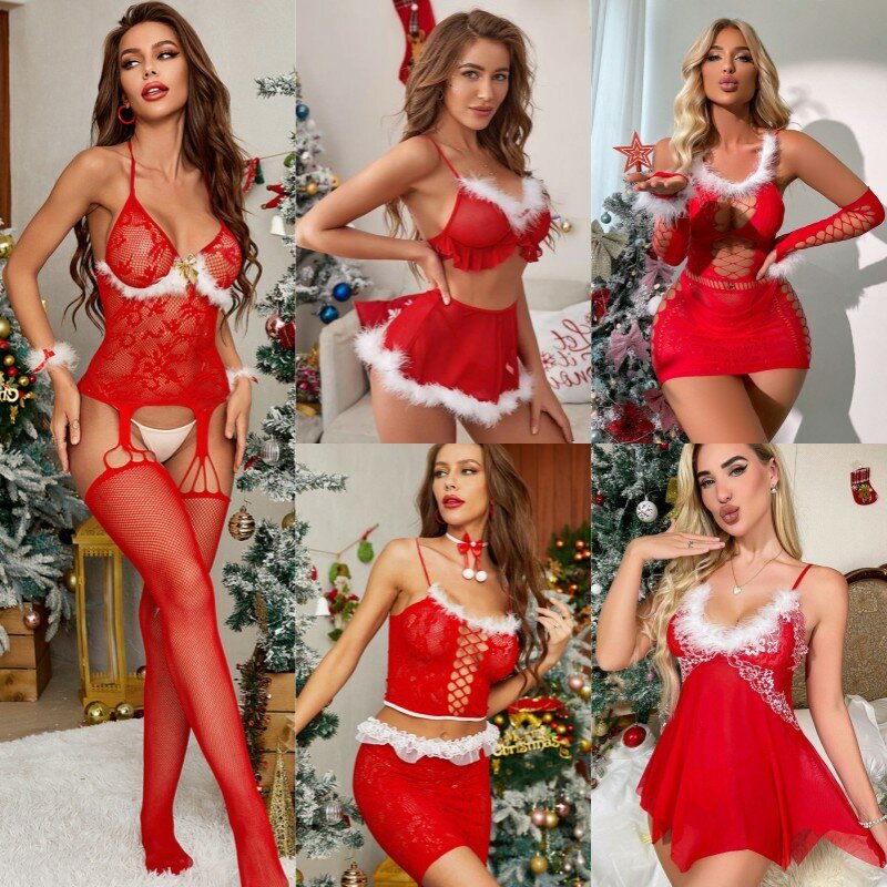 Kerstlingerie Sexy Hete Erotische Ondergoed Vrouwen Mini Transparant Nachthemd Porno Cosplay Kostuums Kanten Babydoll Nachtkleding