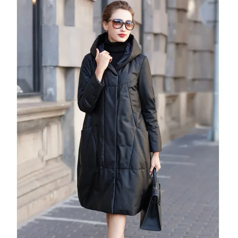 Tcyeek elegancka kurtka z owczej skóry dla kobiet 2023 zimowa ciepłe kurtki puchowe luźna średniej długości skórzana kurtka damska odzież LM