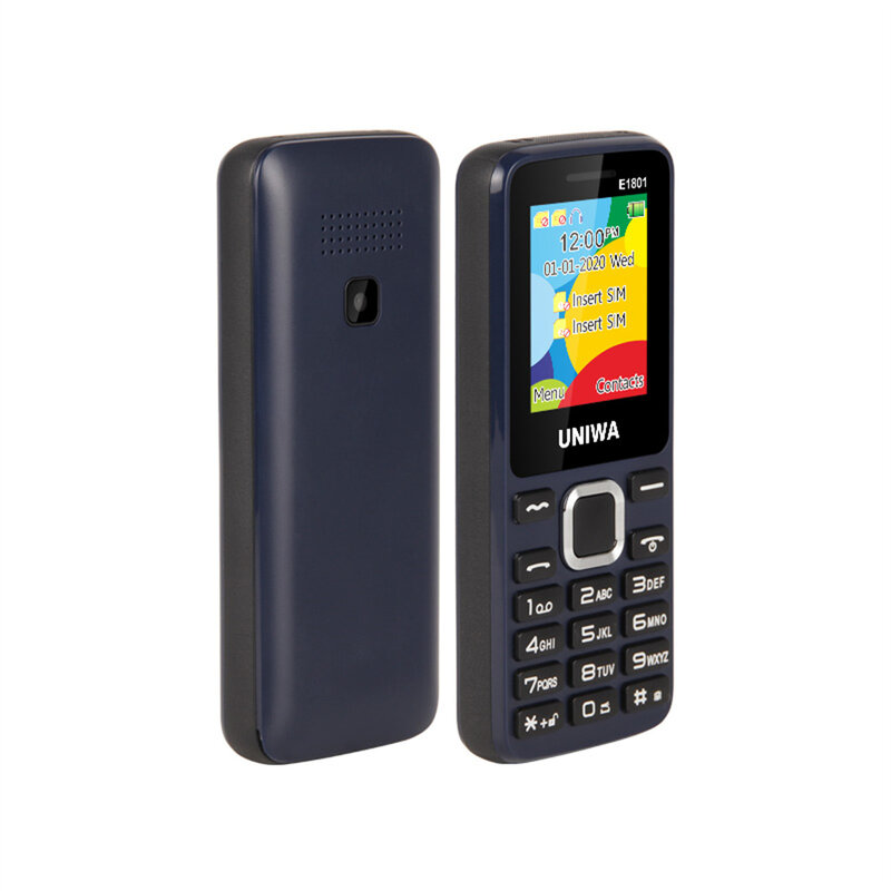 UNIWA E1801 ponsel tombol tidak terkunci, telepon genggam 1.77 inci 800mAh fitur 2G SIM ganda aktif untuk Radio FM nirkabel lama