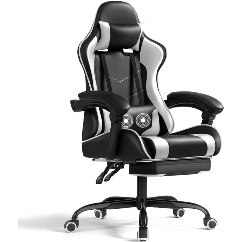 발받침 및 마사지 요추 지지대 있는 게임용 의자, 비디오 게임 의자, 360 ° 회전 및 높이 조절 가능
