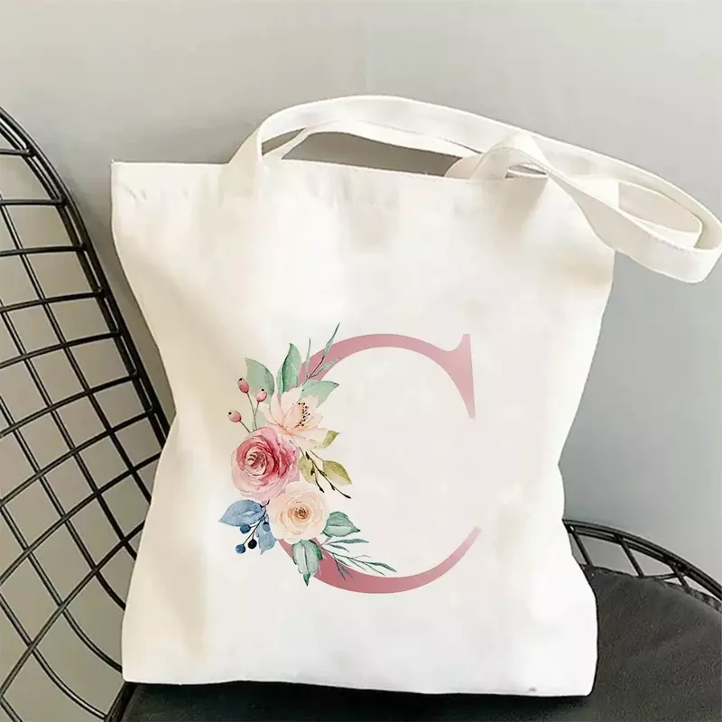 Tas belanja wanita minimalis, tas kanvas, tas bahu huruf bunga merah muda, tas belanja kapasitas besar, dapat digunakan kembali, hadiah perjalanan