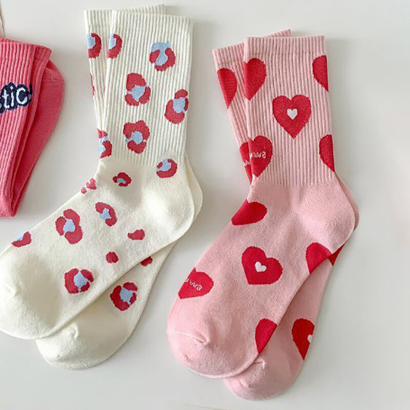 Meias de algodão doce moda coreana feminina, fofas meias engraçadas do amor quadrado, meias casuais com tubo médio, meia longa da moda