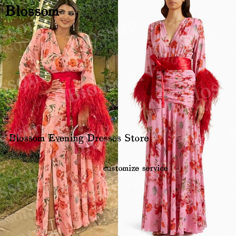 V-neck Flower Printing Prom Dresses Feathers Long Sleeves Belt A-line Exquisite Evening Dresses 2024 Formal Occasion Party Gown