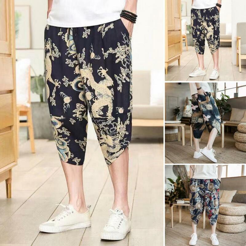 Wide-leg Pants Chinese Style Retro Print Men's Cropped Trousers with Side Pockets Elastic Waist Drawstring Casual for Summer