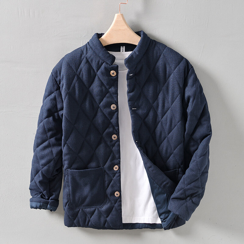Styl japoński ciepła watowana kurtka ze stójką dla mężczyzn w stylu Vintage jednolite, luźne wszechstronny watowana kurtka Trend męska odzież wierzchnia odzież
