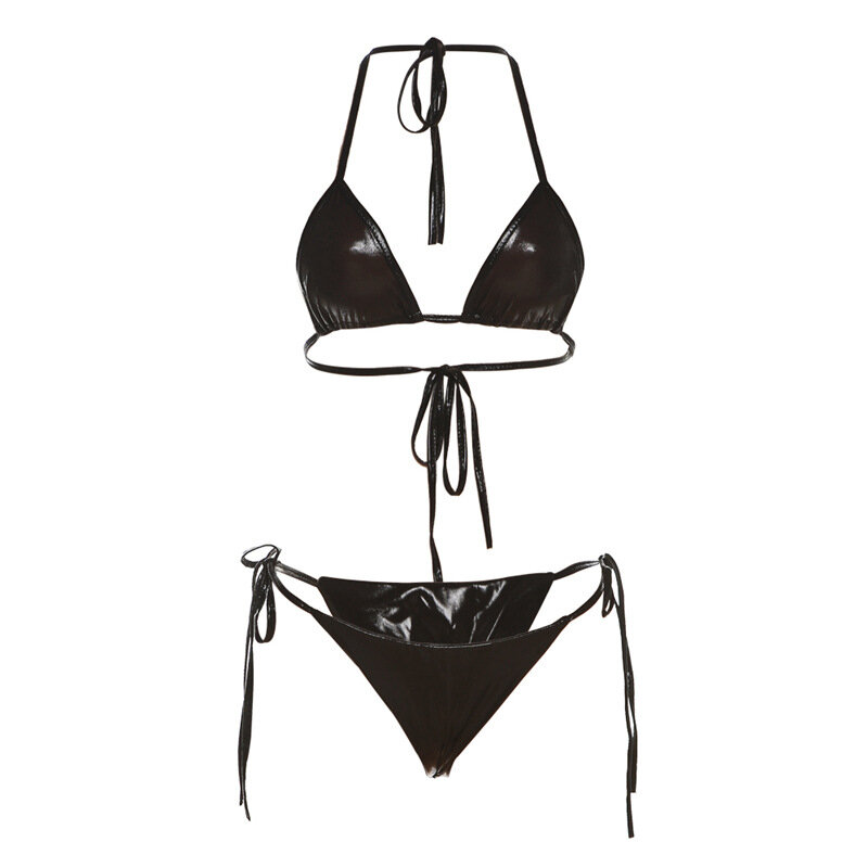 Conjunto de Bikini de cuero sintético con cuello Halter, traje de baño de dos piezas con sujetador y cordones, estilo años 2000, 2023