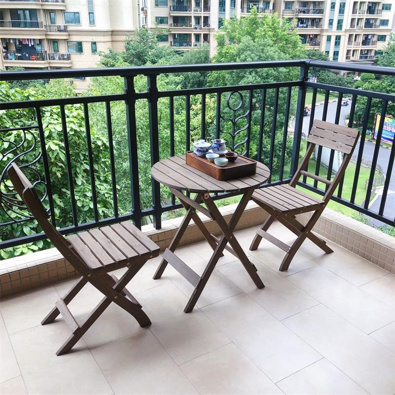 Meja kopi lipat bingkai logam furnitur teras luar ruangan balkon set taman teras kayu dan kursi