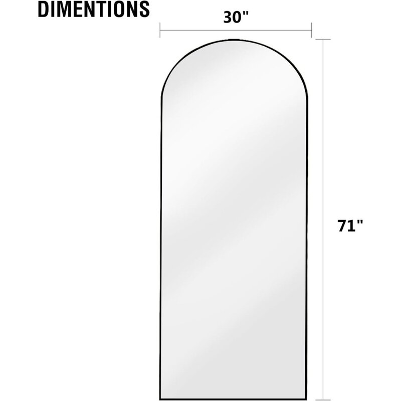 Espejo de pie para el suelo, espejo superior arqueado de 70 "x 31", suspendido o inclinado, marco de aluminio para dormitorio, espejo de longitud completa