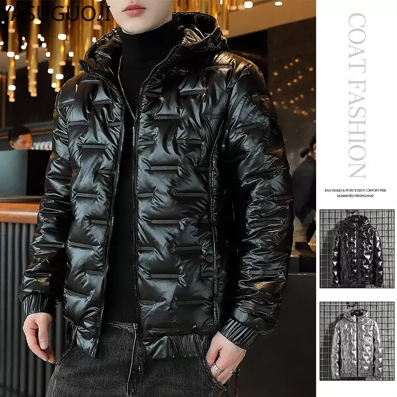 Модная яркая мужская зимняя куртка с капюшоном в уличном стиле, повседневные парки, мужские пальто, водонепроницаемые блестящие пальто, приталенная мужская одежда