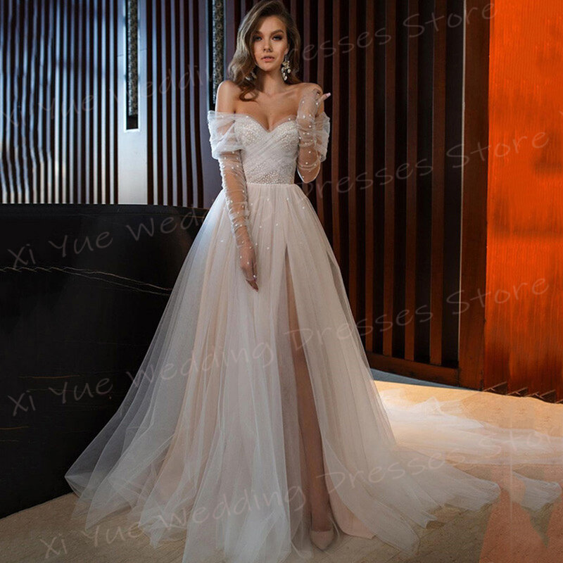 Платье Свадебное ТРАПЕЦИЕВИДНОЕ с открытыми плечами, простой пикантный современный наряд невесты с завязками, с длинным рукавом и высоким разрезом