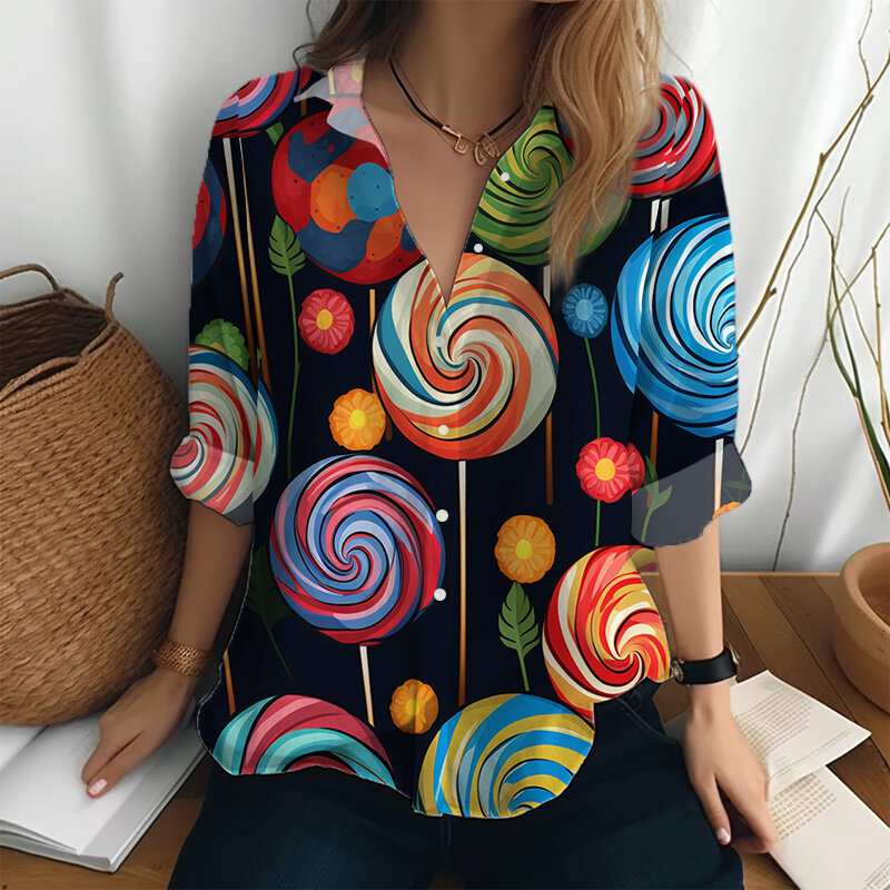 하라주쿠 스타일 귀여운 롤리팝 3D 프린트 긴팔 셔츠, 용수철 가을 야외 캐주얼 셔츠, 여성 라펠 단추 셔츠