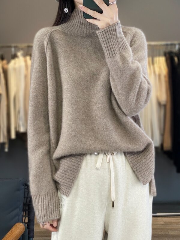 Damski sweter z golfem jesienno-zimowy grube swetry 100% wełna merynosów solidna kaszmirowa dzianina kobiece ubrania typu basic koreańskie topy