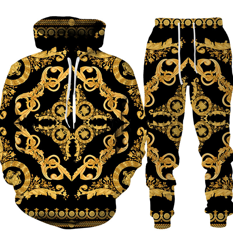 Luxe Merk Gouden 3D Print Mannen Winter Jassen Set Sport Hoodie/Tousers 2 Stuk Outfits Trainingspak Mannen/vrouwen Upscale Pak
