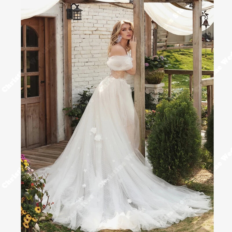 V-Neck Off Shoulder Women Wedding Dresses Sweet Lace Appliques Mopping Length Bridal Gowns Custom Made A-Line Vestidos De Noivas