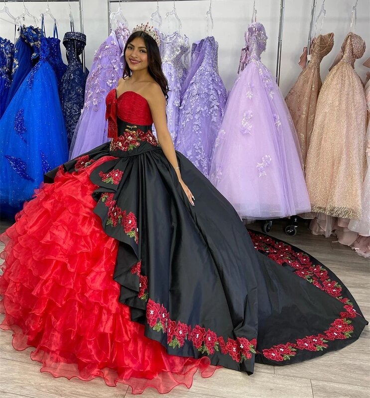 블랙 레드 프린세스 퀸시네라 드레스, 볼 가운, 연인 오간자 아플리케, 프릴 스위트 16 드레스, 15 아뇨 멕시코