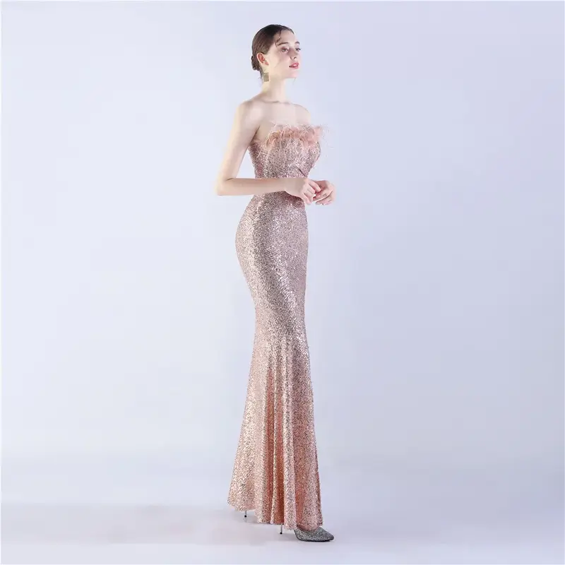 Sladuo женское элегантное пикантное облегающее коктейльное вечернее платье с блестками без бретелек с перьями