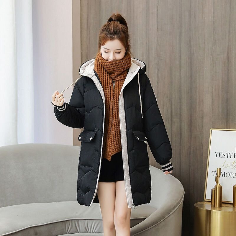 2023 New Women Down Cotton Coat Winter Jacket Female Mid-length Thicken Parkas Hooded Loose Outwear Minimal Commuting Overcoat