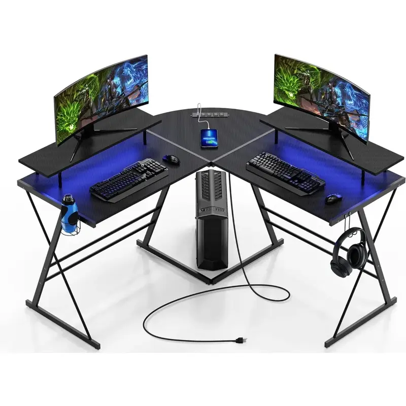Biurko do gier, na narożnik biurka komputerowy w kształcie litery L, 53-calowy ergonomiczny stół do gier ze stojakami na monitory, biurko z listwy LED