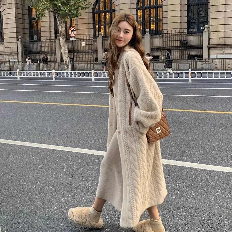 Длинное пальто из искусственного кроличьего меха в Корейском стиле, осенне-зимние теплые женские куртки, толстая плюшевая искусственная кожа, модное Свободное пальто с V-образным вырезом