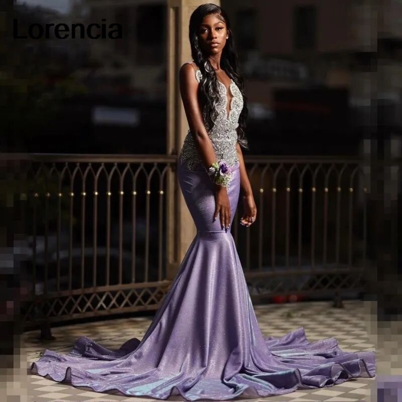 Lorencia Sparkly African Lavender Mermaid Prom Dress For Black Girls Crystal Beading paillettes Party Gown De Soirée YPD24