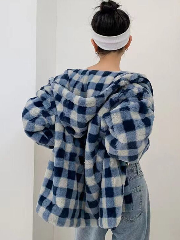 女性のためのフード付きパーカー,ゆったりとした韓国スタイルのチェックが付いたシンプルで厚いカジュアルな冬の学生服