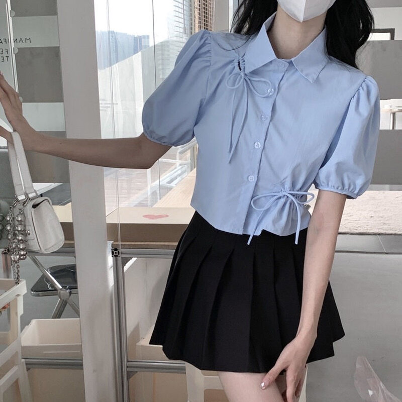 Рубашка Gidyq женская с пышными рукавами, модный элегантный короткий топ в Корейском стиле, шикарная ажурная однотонная универсальная Дамская блузка, голубая на лето