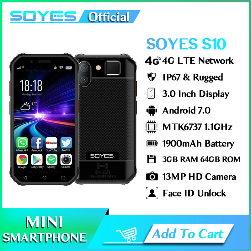 Soya S10 Ponsel Pintar Mini ROM 64GB RAM 3GB 3.0 Inci 1900MAh 4G LTE Android 6.0 MTK6737 GPS Sidik Jari Pengenalan Wajah Ponsel Kasar