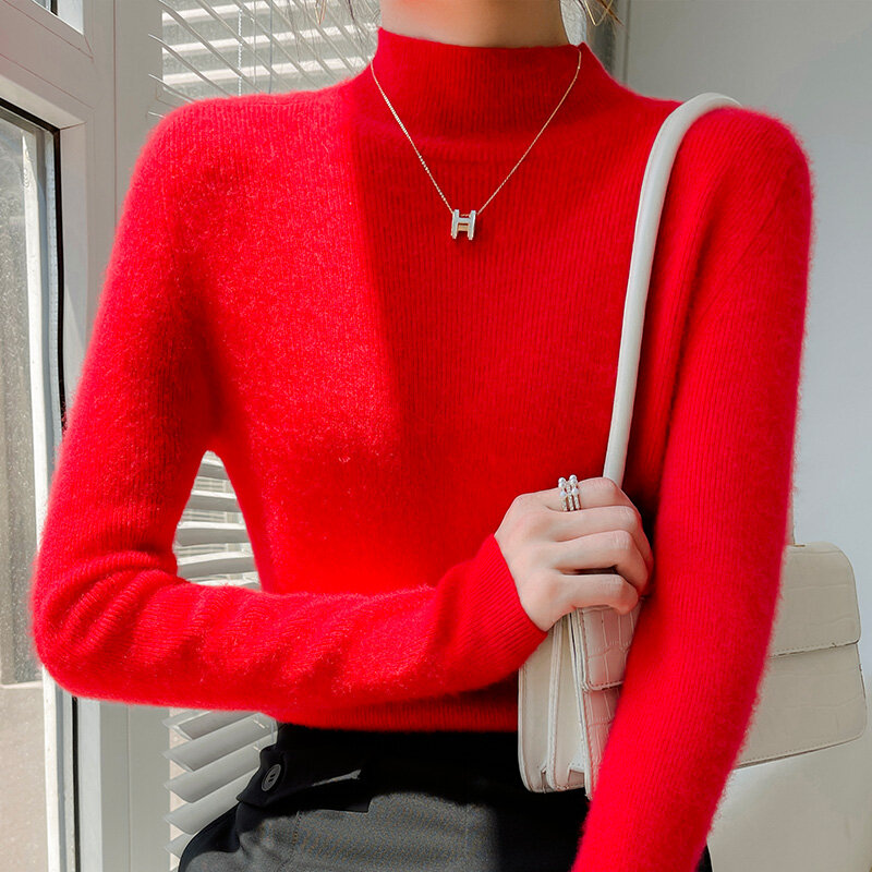 Nueva camisa de Cuello medio de tortuga para mujer, suéter de lana de Color sólido y delgado, Otoño/Invierno