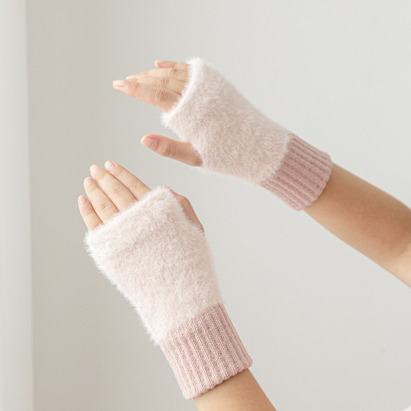 Fingerless Gloves Women‘s Mitten Winter Fashion Soft Faux Mink Plush Half Finger Gloves Girls Goth Clothes Punk Y2K Unisex Glove