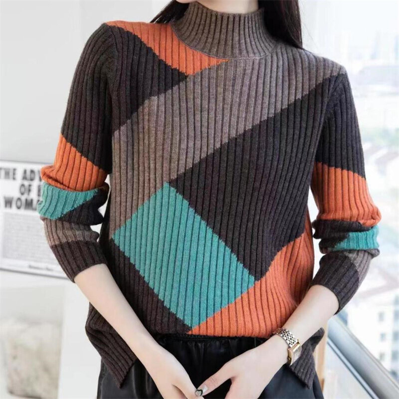 Sweter Jumper Setengah Turtleneck Wanita 2022 Pakaian Musim Dingin Pullover Mode Korea Rajutan Atasan Splicing Solid Lengan Panjang Hangat