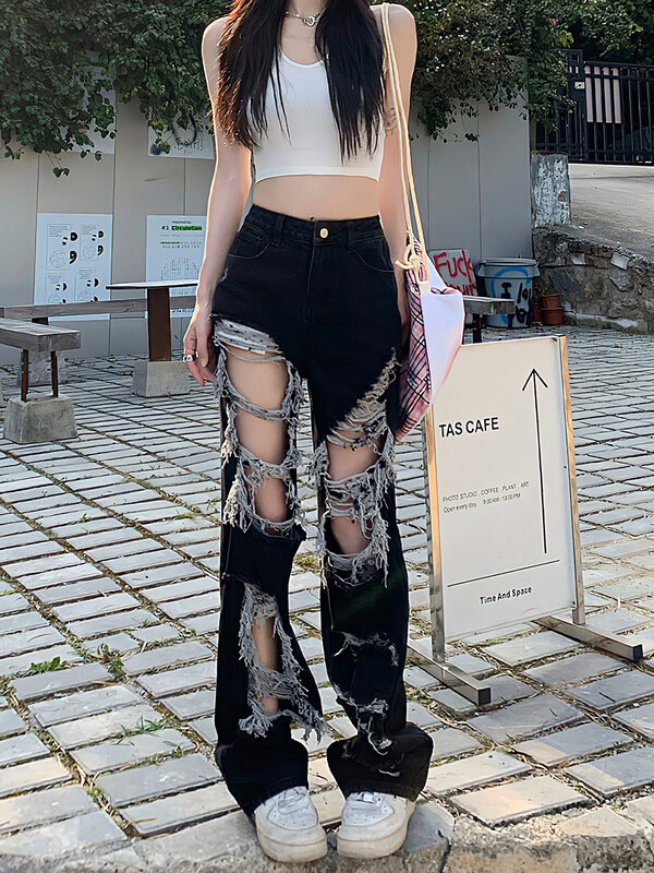 Damen Straight Jeans Y2ktrendy gebürstet zerrissene Cowgirl Hose übergroße lose Hose mit weitem Bein American Style Hip Hop Streetwear