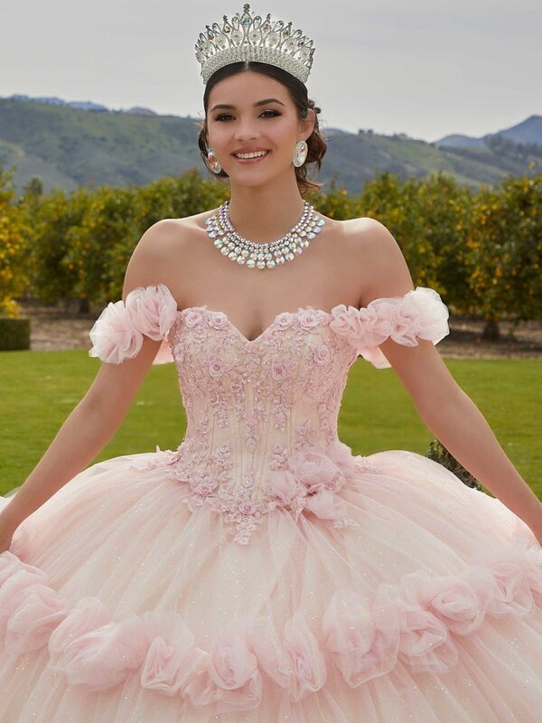 Exquise Appliques 3d Bloem Quinceanrra Prom Jurken Glitter Roze Sweetheart Nek Plooi Prinses Lange Sweet 16 Dress Vestidos