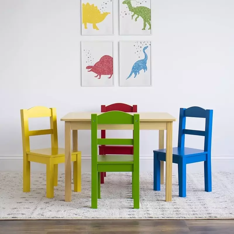 Kids Wood Table and Chair Set (4 Chairs Included) - Ideal for Arts & Crafts, Snack Time, Homeschooling,Natural/Primary