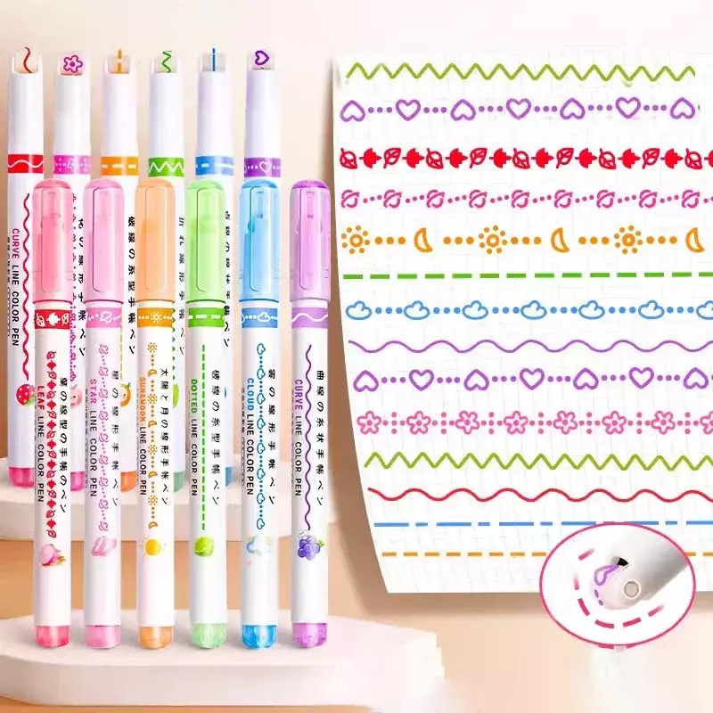 3/6pcs Highlighter Marker Pens Colorful Line Shaped Roller Tip Curve Liner Marker Graffiti Pen Korean Stationery Office Supplies