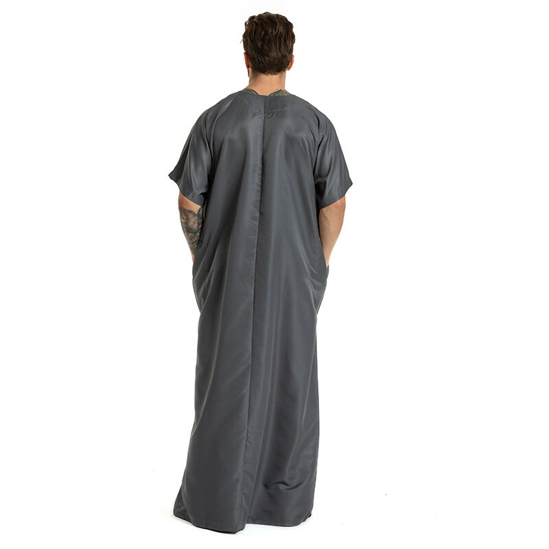 Abayas musulmanas para hombres, ropa árabe de manga corta con cuello redondo bordado, longitud completa, moda para rezar, 2022